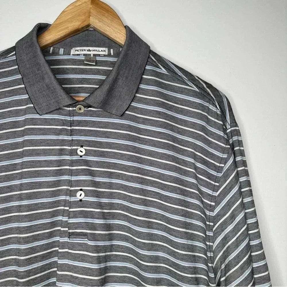 Peter Millar Grey Stripe Short Sleeve Polo Golf Shirt Size Large